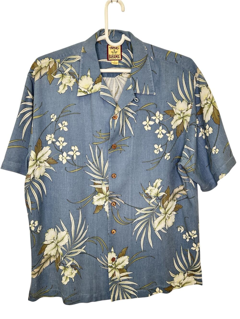 Tommy Bahama Blue Floral Button Down Camp Shirt 100% Silk Coconut Buttons Large